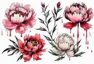 a watercolor peony that is dripping bleeding with thorns, simple, tall, one line tattoo idea