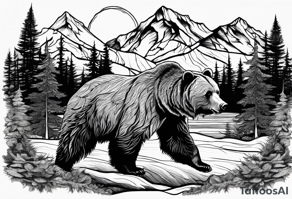 grizzly bear mountain forest tattoo idea