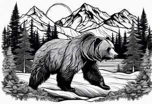grizzly bear mountain forest tattoo idea
