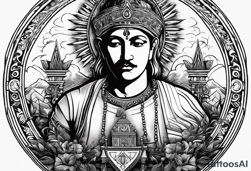 Representation of God underneath an up arrow to the left of an image of a man above a down arrow. tattoo idea