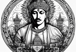 Representation of God underneath an up arrow to the left of an image of a man above a down arrow. tattoo idea