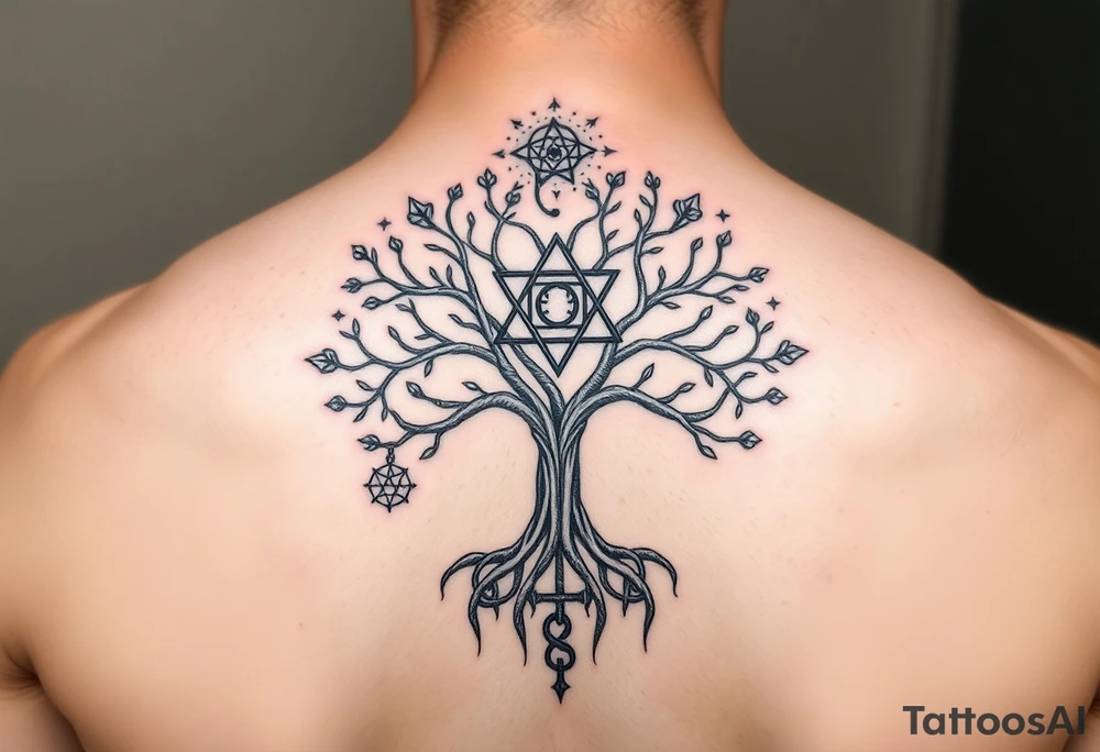 geometrical mystical tree of life with the star of David and cross cosmic roots and celestial symbols branches with HIV-positive symbol tattoo idea