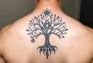 geometrical mystical tree of life with the star of David and cross cosmic roots and celestial symbols branches with HIV-positive symbol tattoo idea