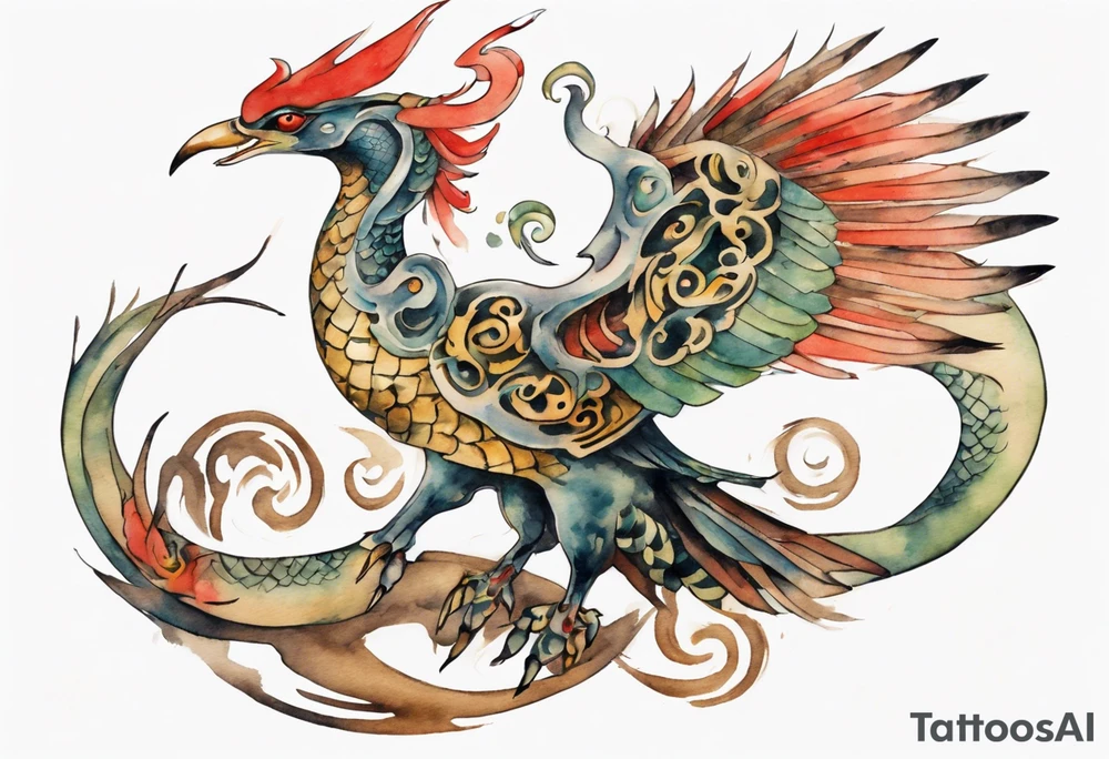 a watercolor of a bird-serpent hybrid wearing an iron crown, flying tattoo idea