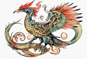 a watercolor of a bird-serpent hybrid wearing an iron crown, flying tattoo idea
