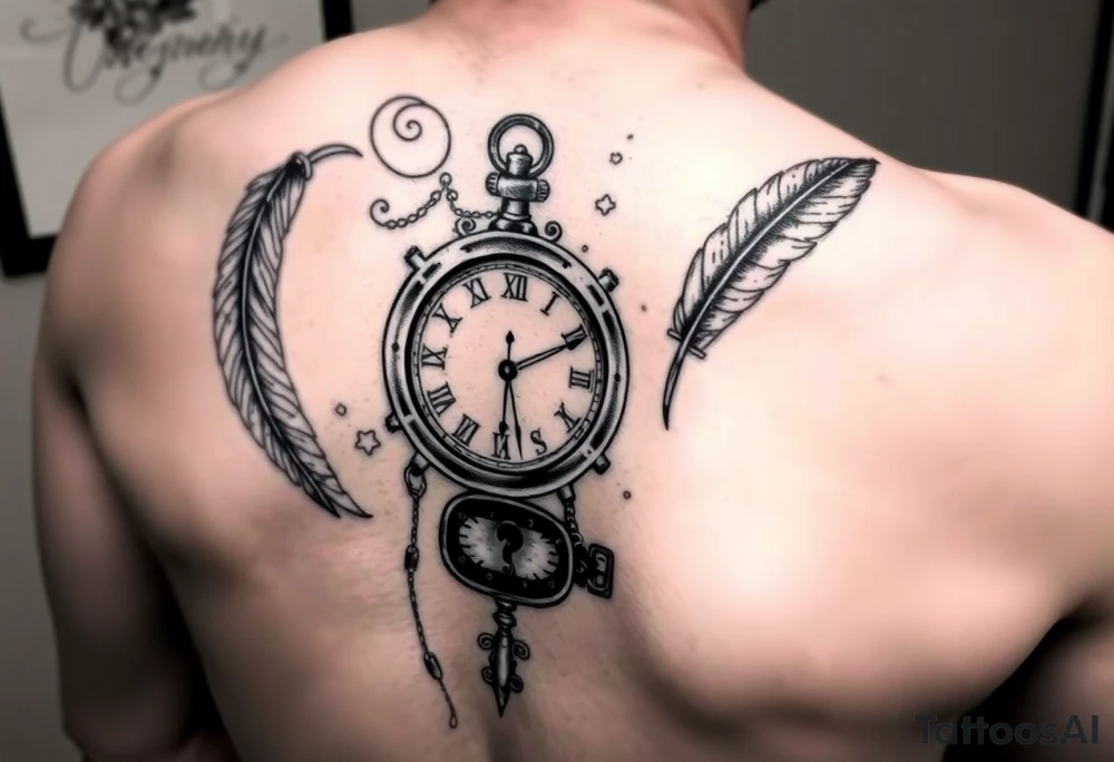 A gearered clock and a feather and a lock and key ,and a dreamcatch as a start of all new series of tattoos tattoo idea