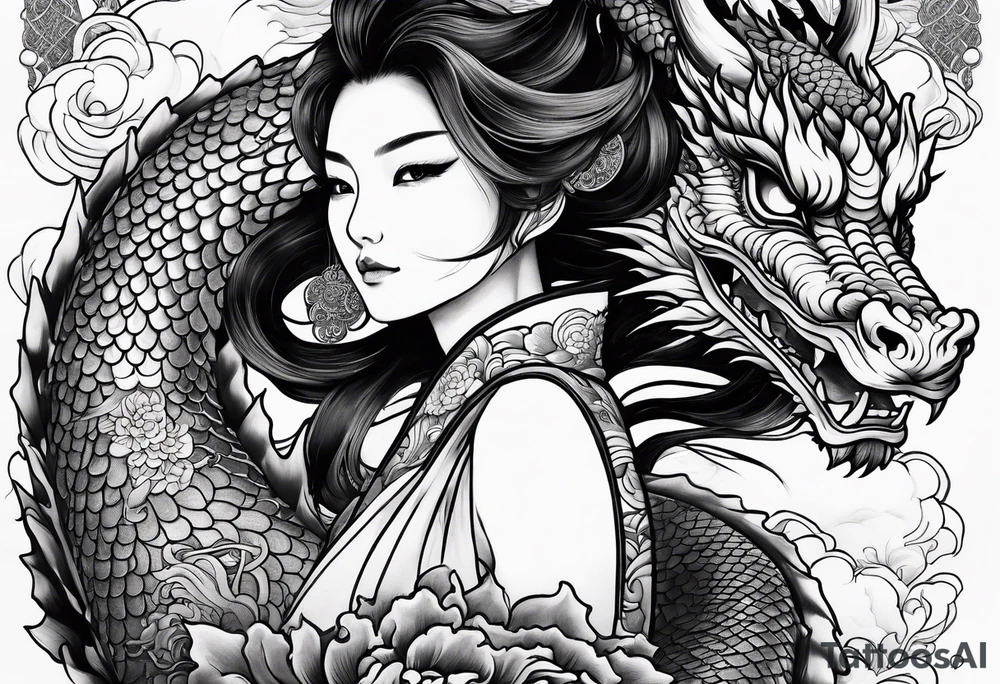 Woman riding a dragon, traditional japanese irezumi style tattoo idea