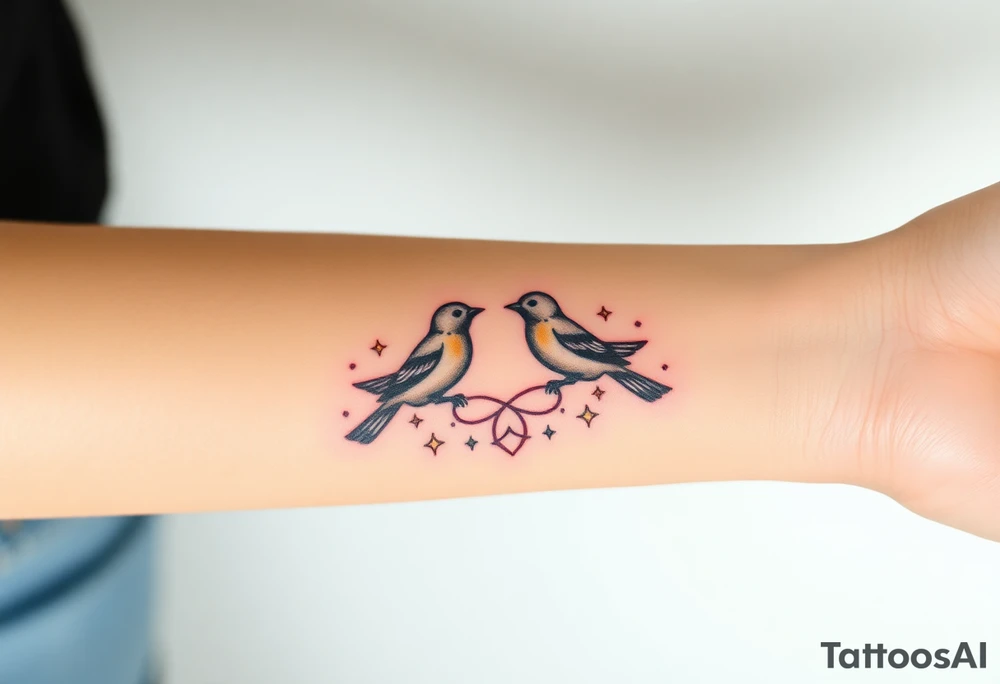 two birds sitting, stars and infinity theme tattoo idea