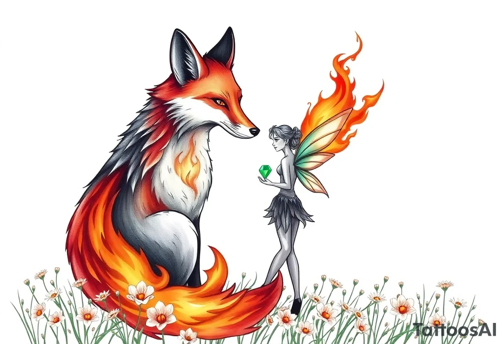 Fox made of fire with a fairy standing close to it  holding a emerild jem in a field of lillys tattoo idea