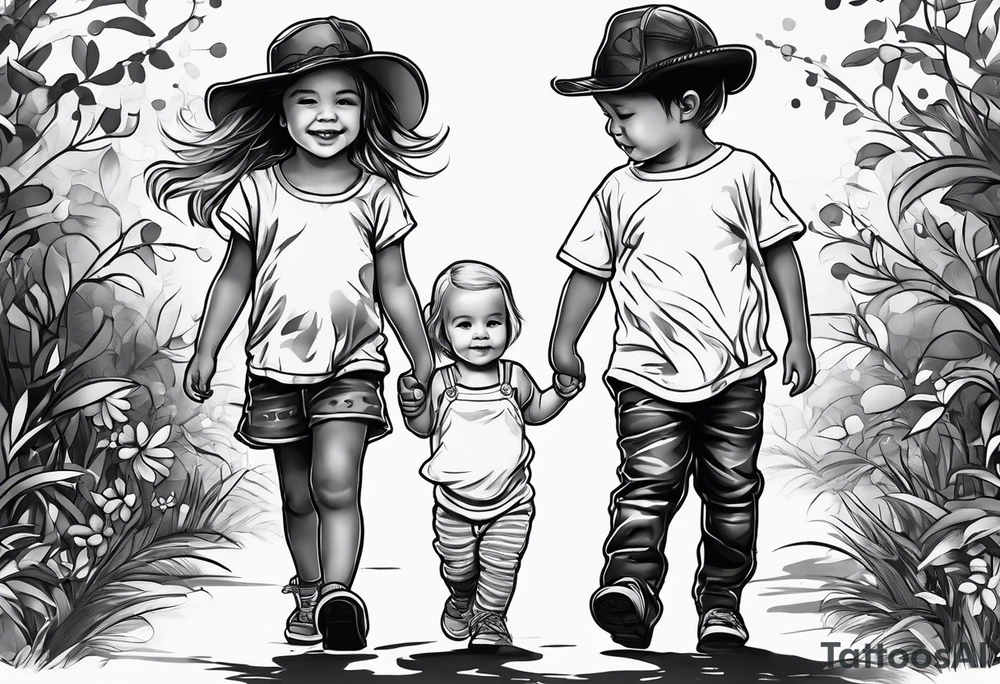 2 little girls, 1 little boy, 1 dad walking tattoo idea