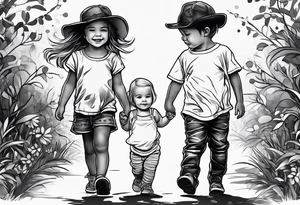 2 little girls, 1 little boy, 1 dad walking tattoo idea