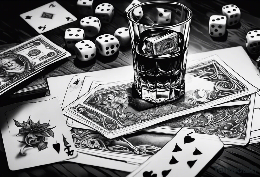 cards, money, dice, and whiskey on ice, tattoo idea
