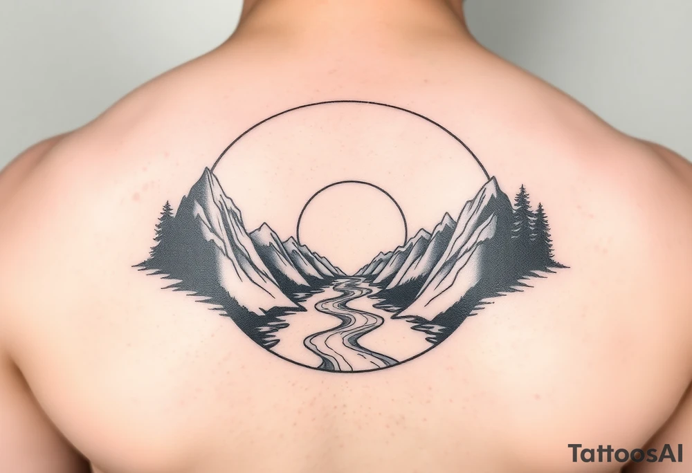 mountains, river and sunrise, let it all be inside one circle. tattoo idea