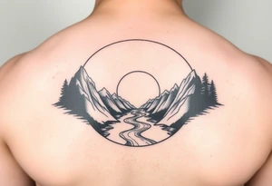 mountains, river and sunrise, let it all be inside one circle. tattoo idea