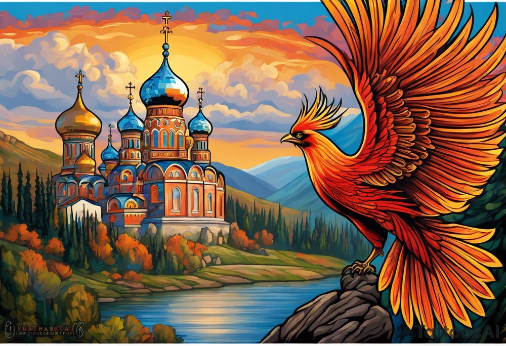 russian firebird in-flight with fancy tail and small onion cap monastery towers in background, with "Isaiah 43: 18-19" tattoo idea