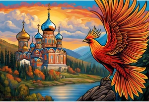 russian firebird in-flight with fancy tail and small onion cap monastery towers in background, with "Isaiah 43: 18-19" tattoo idea