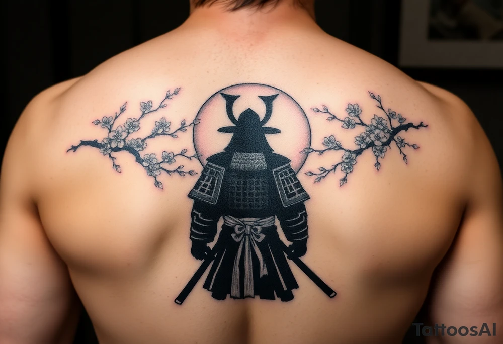 noble samurai warrior silhouette at sunset with cherry blossoms tattoo idea