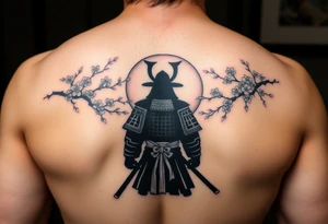 noble samurai warrior silhouette at sunset with cherry blossoms tattoo idea