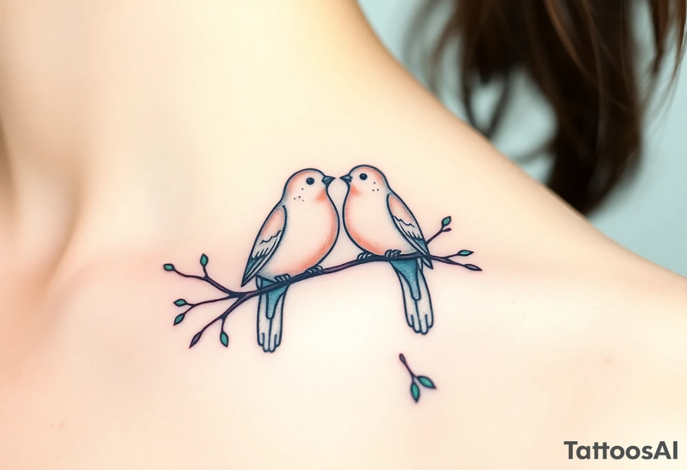 A pair of collared doves perched on intertwined branches, with shades of soft beige, pale blue, and subtle touches of green tattoo idea