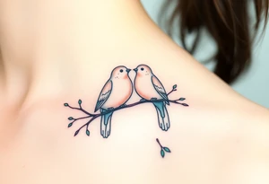A pair of collared doves perched on intertwined branches, with shades of soft beige, pale blue, and subtle touches of green tattoo idea