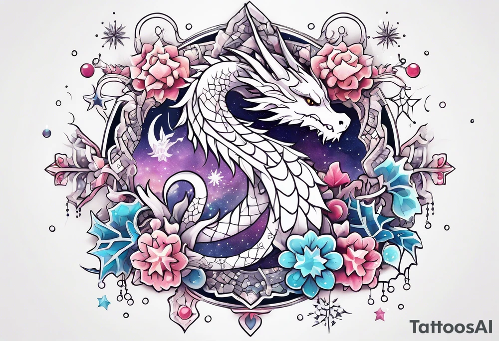 Constellation, kawaii dragon, snowflake tattoo idea