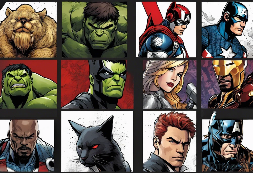 I want to change Avengers Team characters with animals. Hulk will be Badger, Thor will be Alpha Grey Wolf, Captain America will be Bull, Iron Man will be Canary, Black Widow will be Axolotl, Hawk Eye will be Sudan Plated Lizard and Nick Fury will be Cat. tattoo idea