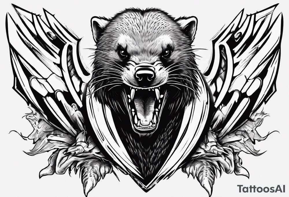 Angry, snarling, detailed honey badger with his face forward against the background of wings made of bones tattoo idea