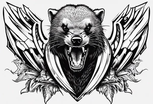 Angry, snarling, detailed honey badger with his face forward against the background of wings made of bones tattoo idea