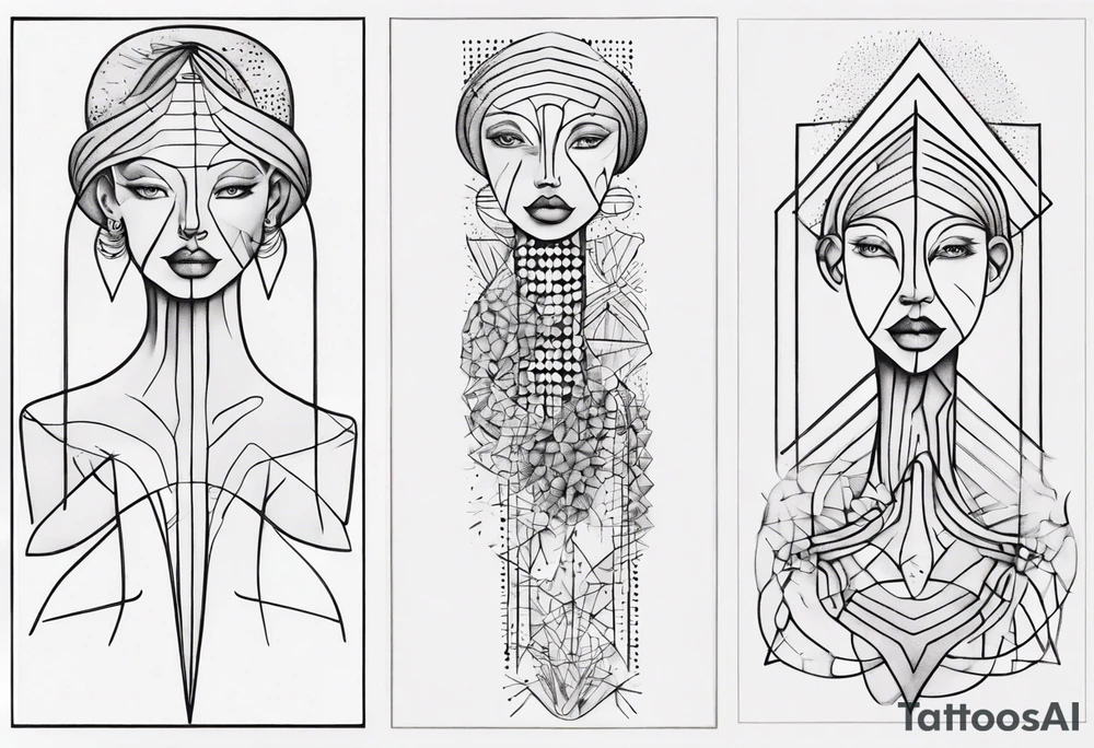 Abstract fine line woman dotwork tattoo idea