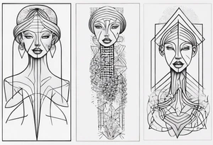 Abstract fine line woman dotwork tattoo idea
