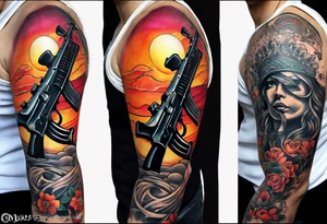 Arm tattoo sleeve include ak-47, tennis racket, fitness, motivational quote, sun, tattoo idea