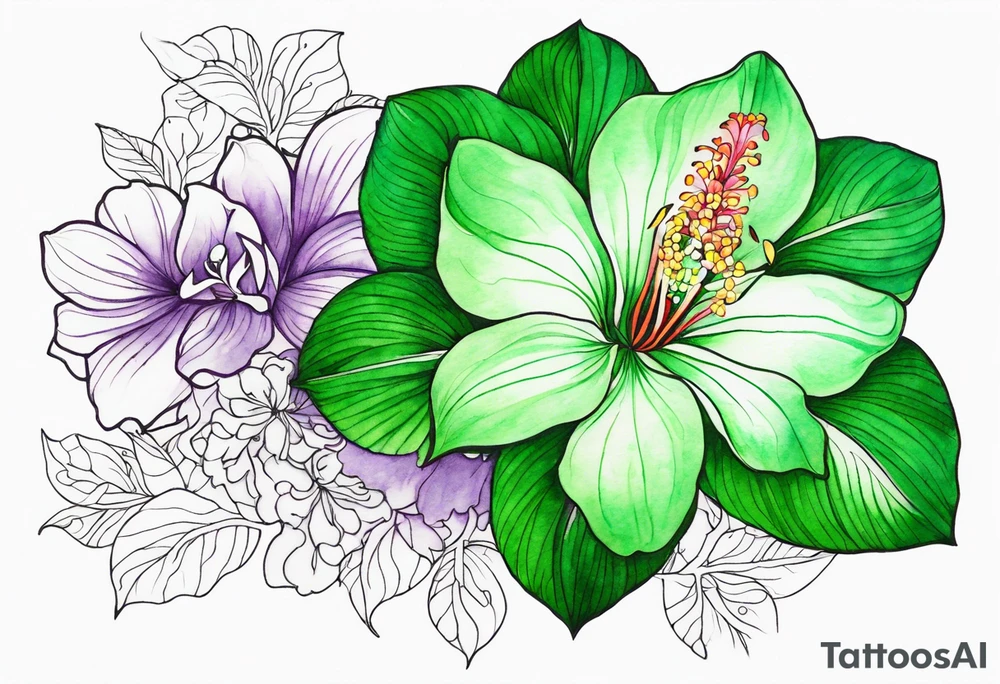 An outline of a green rio dipladenia flower and a green/purple watercolor in the background tattoo idea