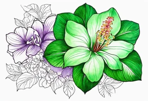 An outline of a green rio dipladenia flower and a green/purple watercolor in the background tattoo idea
