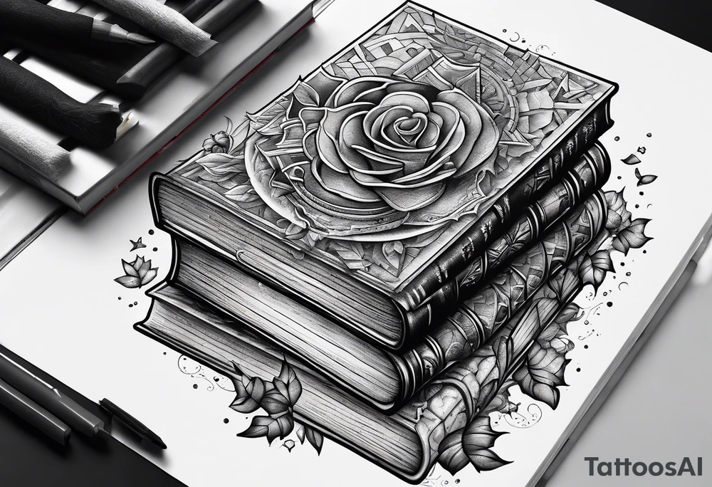 Stack of books with jigsaw puzzle pieces tattoo idea