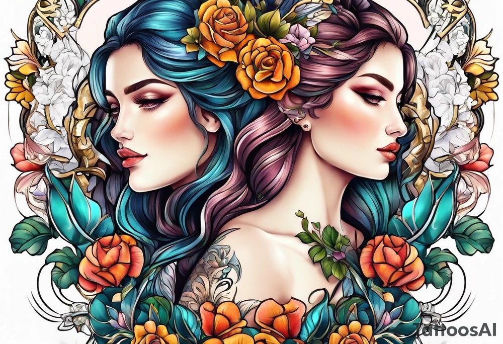 Gemini sign with flowers tattoo idea