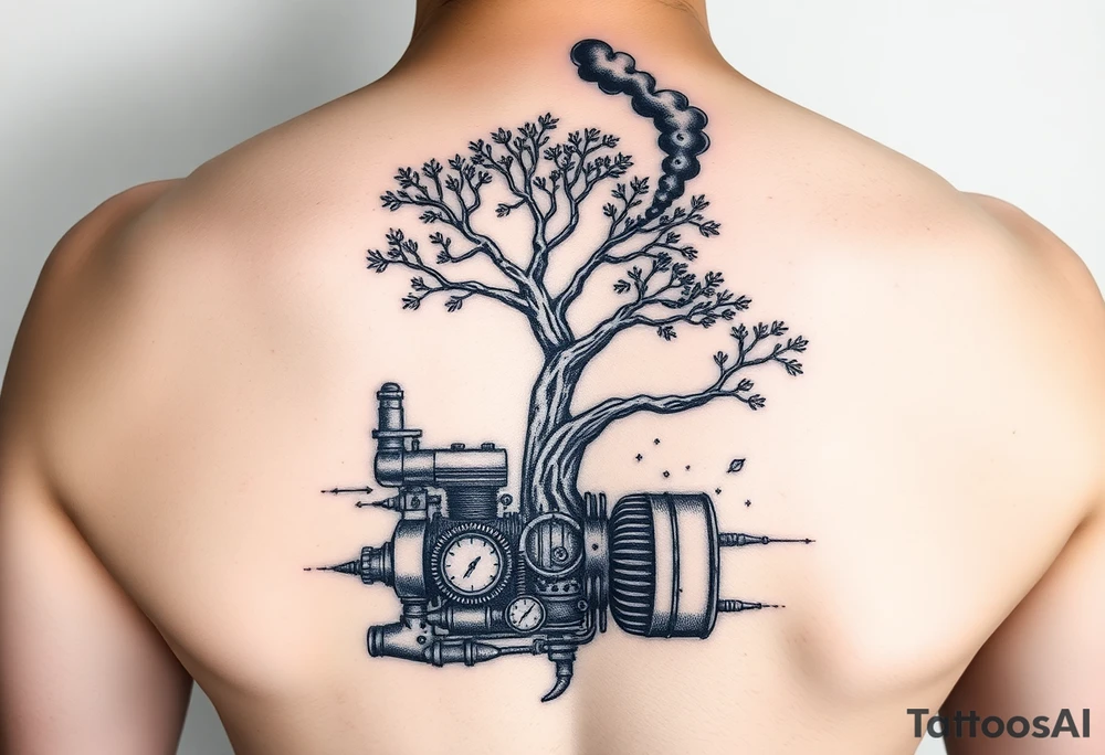 tree growing out of a v shaped engine with lots of pipes, guages and steam around the engine 
 with a smoke stack coming out of the top 
 billowing black smoke as if the tree and engine were a flying machine
 with a steam punk vibe tattoo idea