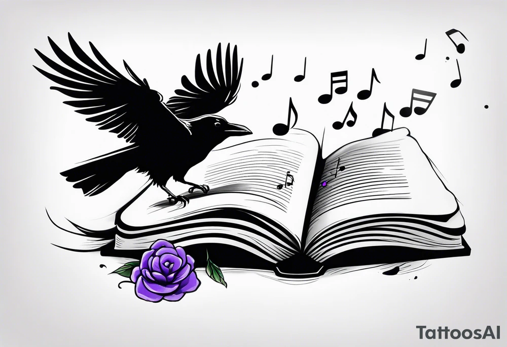 an open book with a small raven flying over, a pawn piece to the right, a single music note and a lavender flower on top of the book tattoo idea