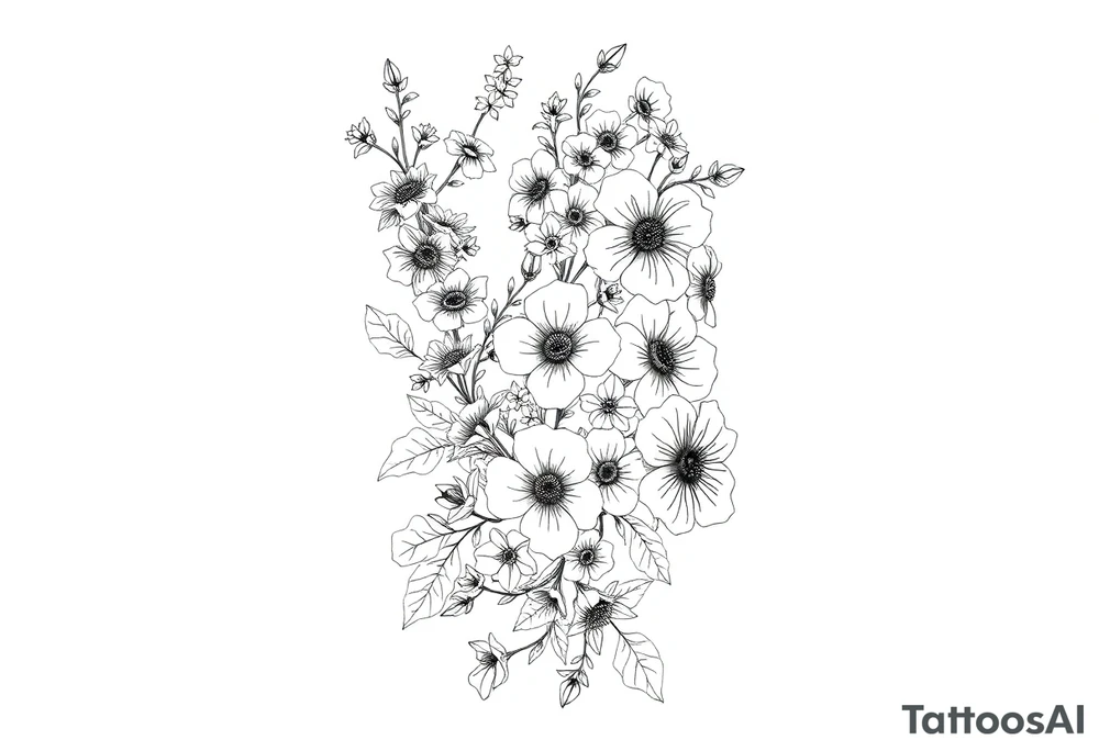 Full sleeve tattoo design of larkspur and hawthorn flowers, highly detailed line art, black ink, elegant botanical style, intertwined composition, no shading, no human mock-up, clean stencil style suitable for tattooing, fit fully within boundaries. LINE ART ONLY, REMOVE HUMAN, NO SKIN, NO ARM, NO HUMAN BODY PARTS tattoo idea