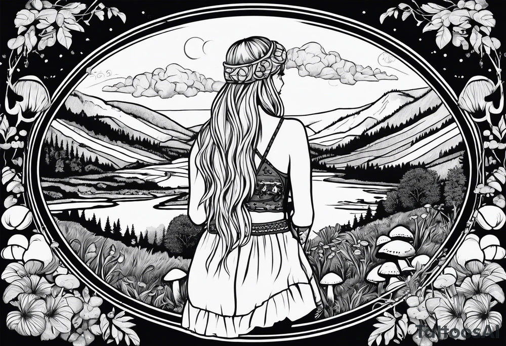 Whole picture encircled fully

Straight long blonde hair hippie girl in distance holding mushrooms in hand facing away toward mountains and creek surrounded by mushrooms long sleeve shirt and hiking pants; whole rendering within a full circle, no cut off circle tattoo idea