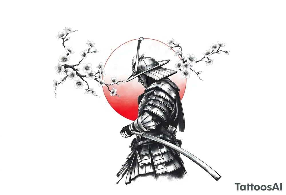 noble samurai warrior silhouette at sunset with cherry blossoms tattoo idea