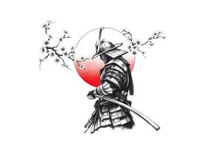 noble samurai warrior silhouette at sunset with cherry blossoms tattoo idea