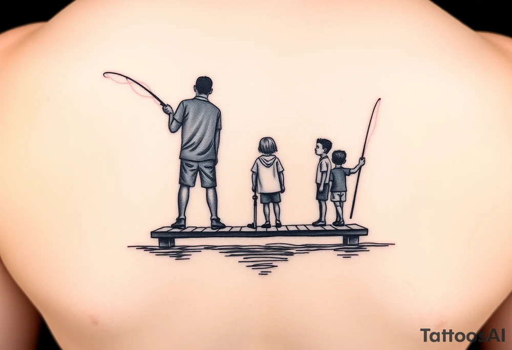 Silhouette of Dad, 14 yr old son, 11 yr old daughter and 3 yr old son fishing on dock at  the lake tattoo idea