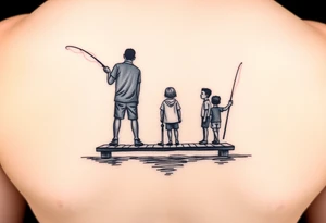 Silhouette of Dad, 14 yr old son, 11 yr old daughter and 3 yr old son fishing on dock at  the lake tattoo idea