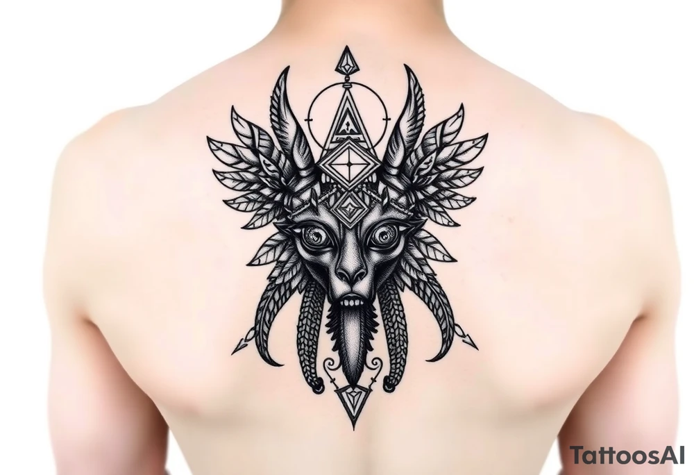 "Anubis as gold ufo 3 eyes

Style: sacral geometry blackwork. Thigh/calf placement." tattoo idea