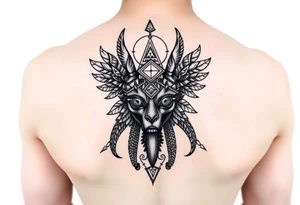 "Anubis as gold ufo 3 eyes

Style: sacral geometry blackwork. Thigh/calf placement." tattoo idea