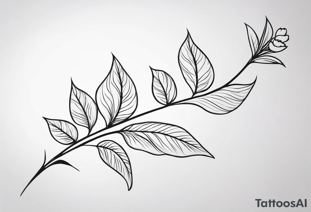 Design an ornamental tattoo featuring a single stem with delicate leaves and blossoms, using thin lines for a refined look. tattoo idea