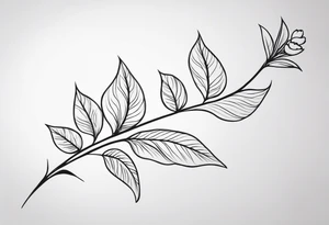 Design an ornamental tattoo featuring a single stem with delicate leaves and blossoms, using thin lines for a refined look. tattoo idea