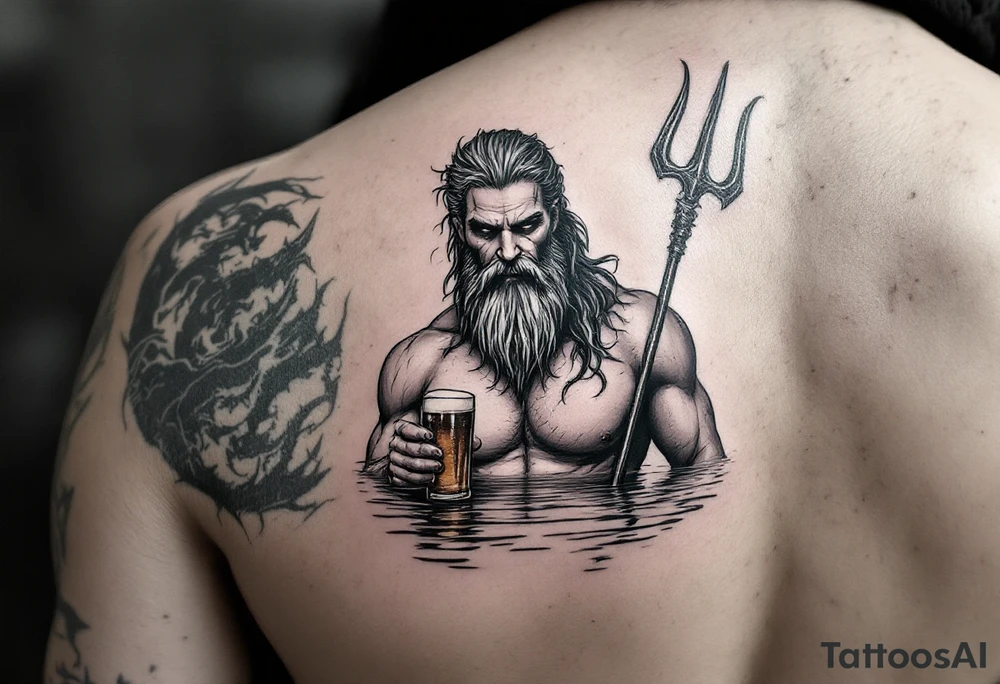 poseidon in calm water, holding a trident, holding a beer tattoo idea
