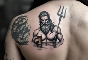 poseidon in calm water, holding a trident, holding a beer tattoo idea