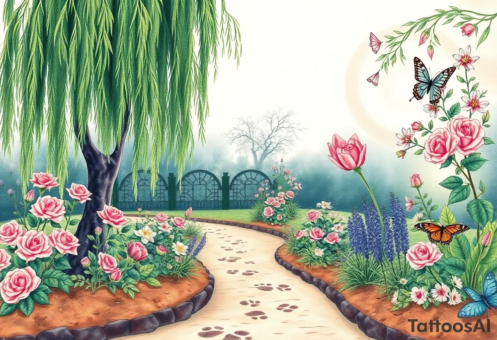 weeping willow garden with roses and liles flower beds. fantasy creatures, fairies, mermiads, dragons butterflies,  cat paw prints path in dirt. tattoo idea